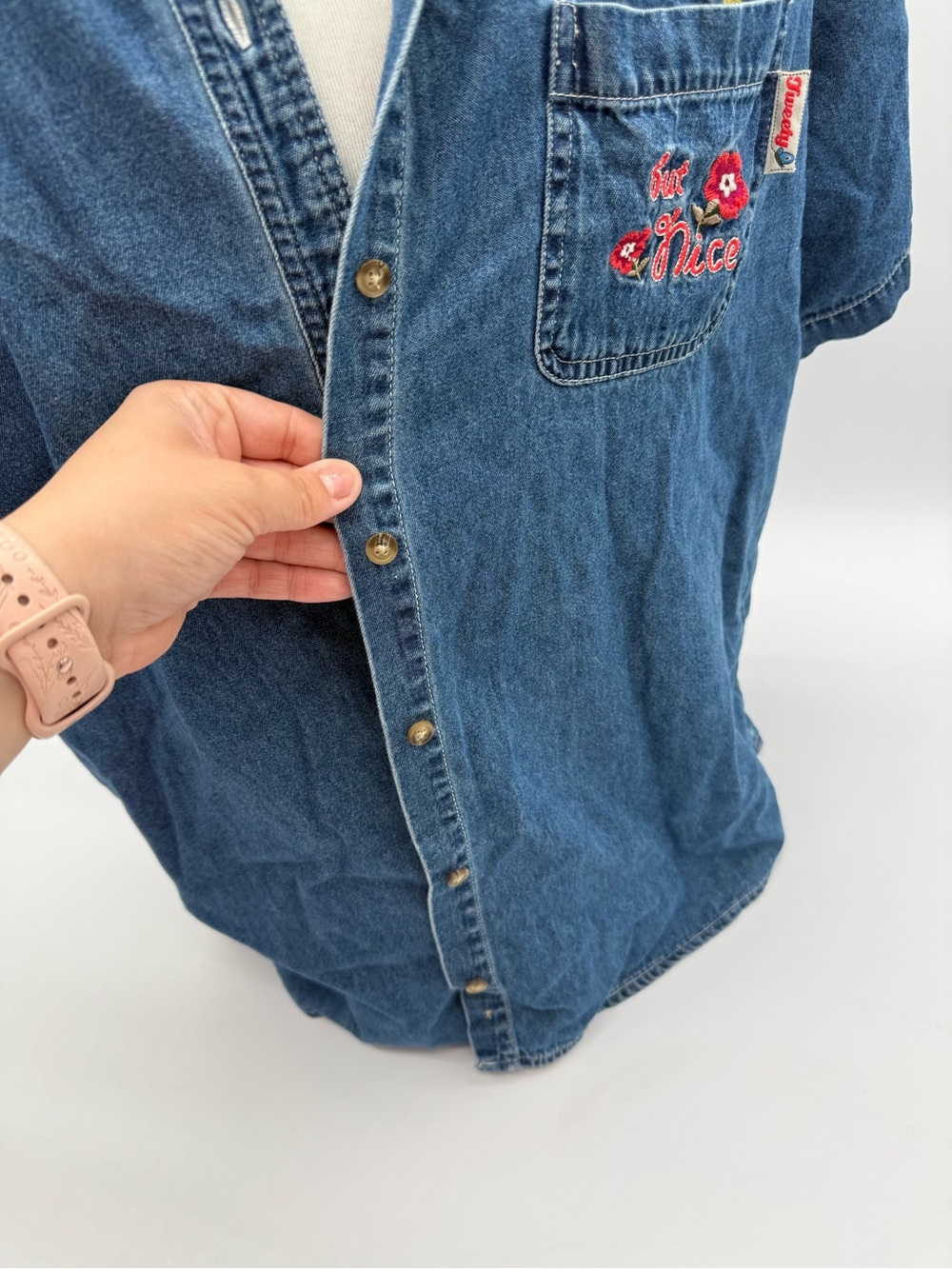 Vintage Y2K Looney Tunes Tweety Bird Denim Shirt Embroidered Naughty Nice 90s 2X - Picture 7 of 16